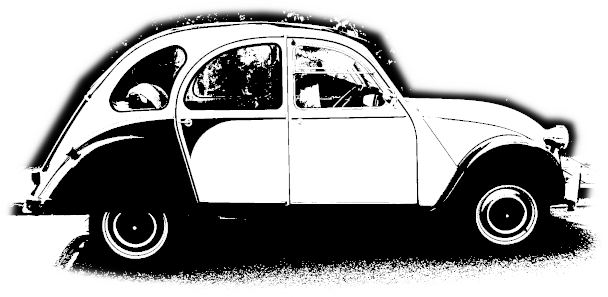 a black and white image of a Citroën 2CV car