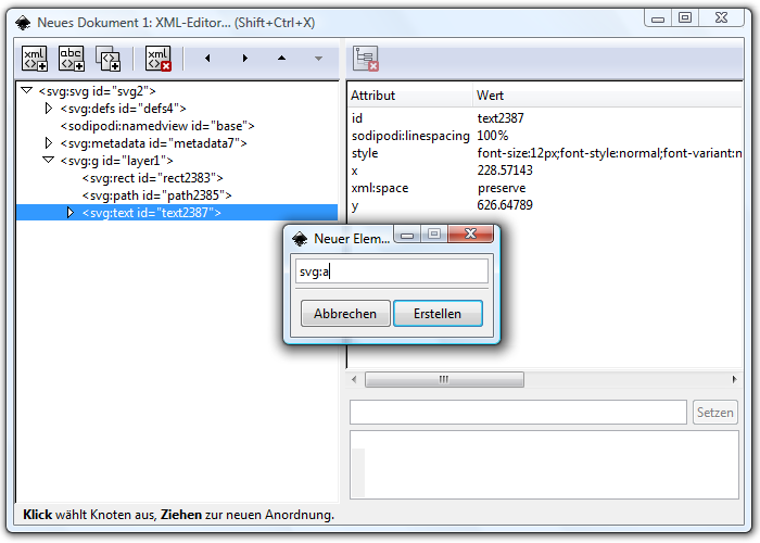 Screenshot of the XML editor in Inkscape with open “create new element” dialog.